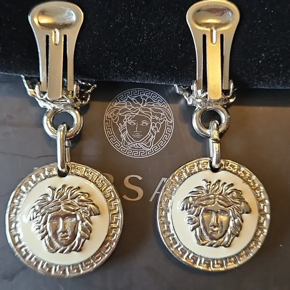 Versace Silver Black White Medusa Drop Clip Earrings Reversible